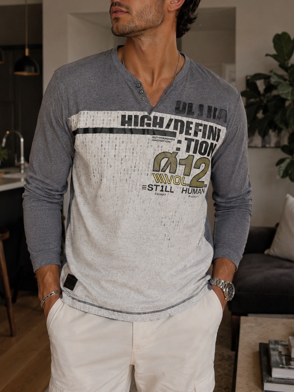 Projek Raw Men’s 3X Graphic Henley Shirt Gray 3/4 Sleeve Casual Streetwear